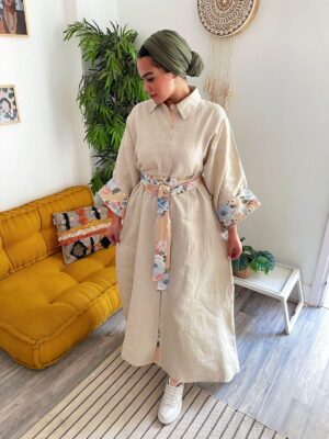Beige Linen Dress With Floral Belt
