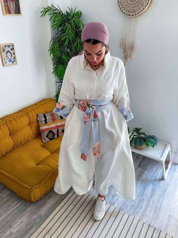 White Linen Dress With Floral Belt