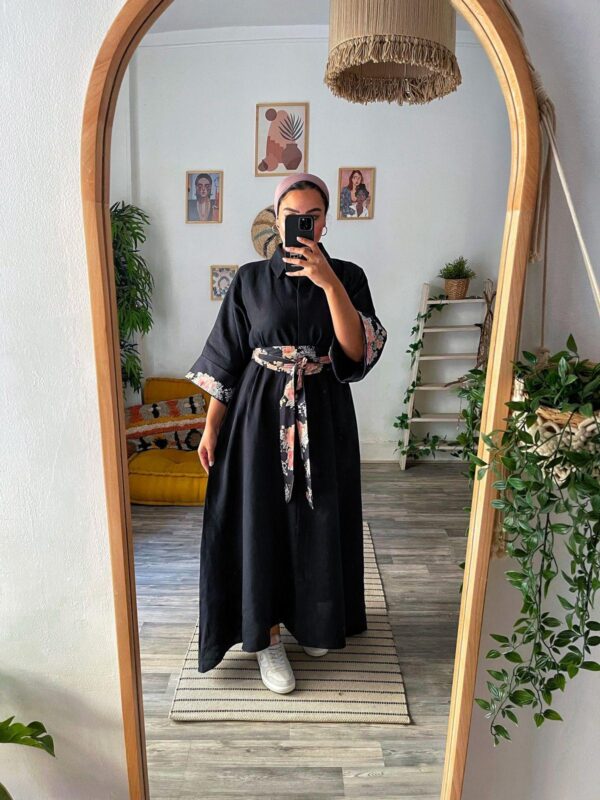 Black Linen Dress With Floral Belt